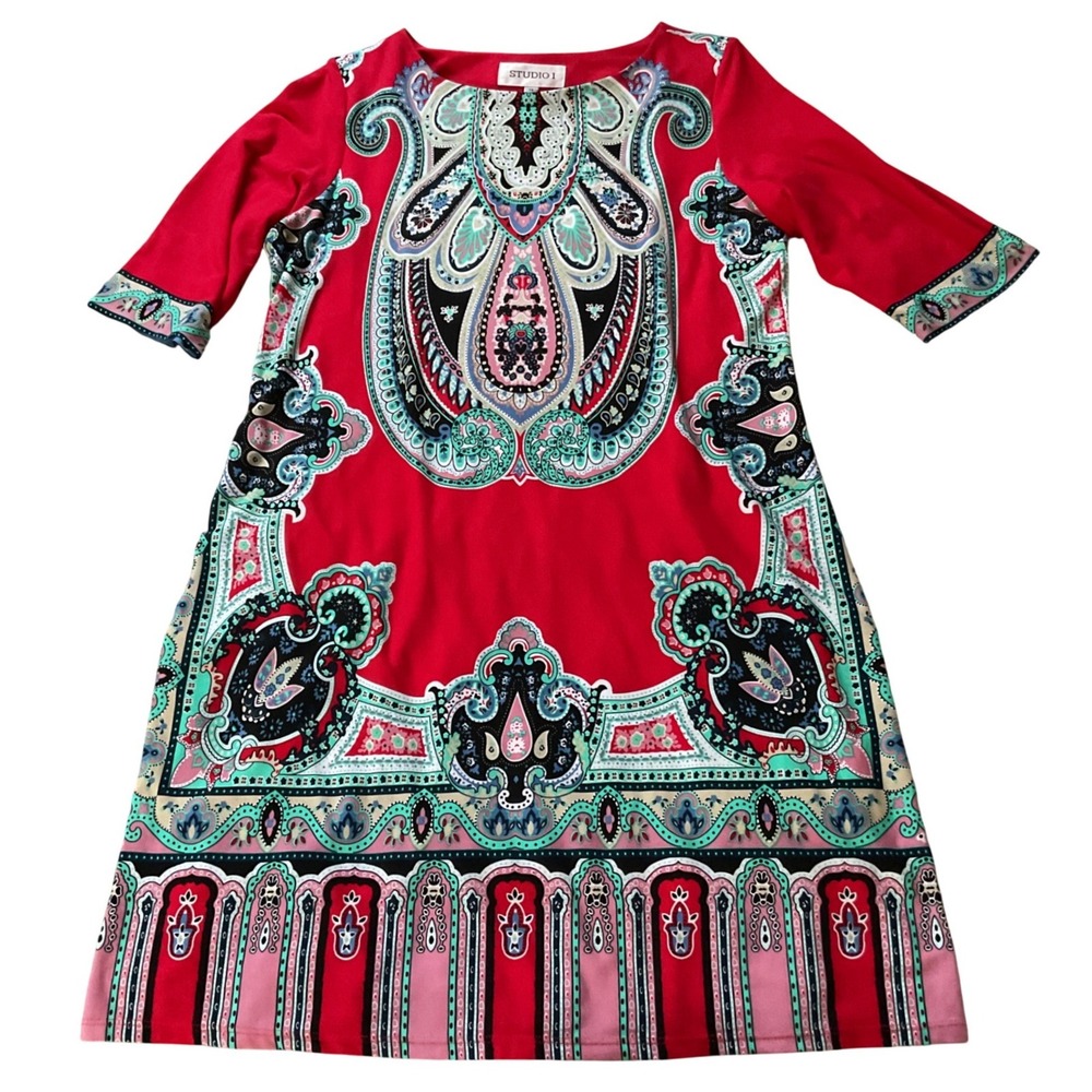 Studio I‎ Red Paisley Border Print Boat Neck Elbow Sleeve Shift Dress Size 14